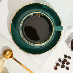 Ceramic Coffee Cup Set with Gold Trim and Tray