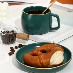 Ceramic Coffee Cup Set with Gold Trim and Tray