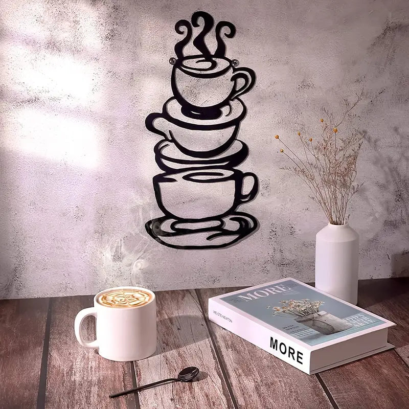 1pc Black Metal Coffee Cup Wall Art for Kitchen Decor