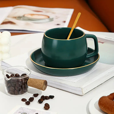 Ceramic Coffee Cup Set with Gold Trim and Tray
